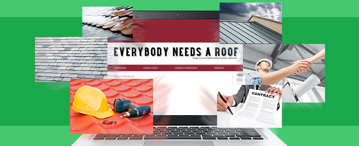A collage photo of a laptop computer, a roofing contarct, and roofing contractors.